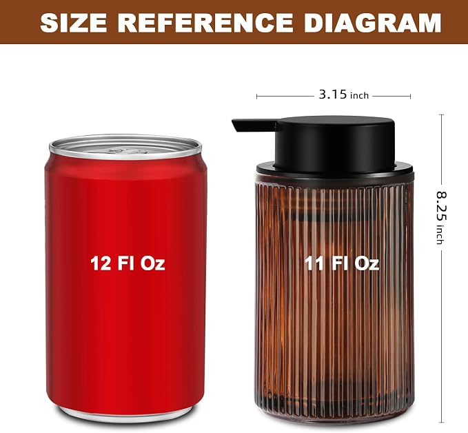 KASUNTING Foaming Soap Dispenser, Amber Glass Foam Hand Soap Dispenser for Bathroom, 11 Fl Oz Ribbed Refillable Foaming Pump Bottle with Black Pump, Modern Dish Soap Foam Dispenser