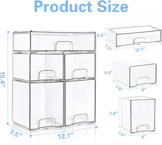 Baby Bottle Organizer, 5 Pack Clear Acrylic Stackable Storage Drawers, Baby Bottle Storage Organizer for Countertop, Nursery, Vanity & Cabinet