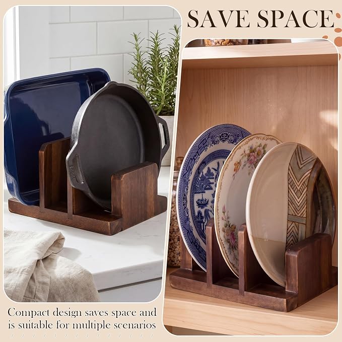 Mifoci 2 Pack Acacia Wood Cutting Board Holder, Kitchen Rack for Cutting Boards, Lids, Bakeware Storage, Countertop Pan & Tray Holder with 3 Slots, Plate Organizer for Cabinet, Baking Sheets