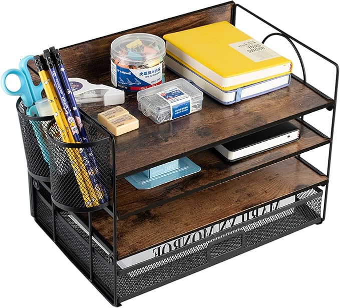 4 Tier Desk Organizers and Accessories, Paper Letter Tray Organizer,Vintage Wood Desk File Organizer with Drawer and 2 Pen Holders for School Home Office Supplies
