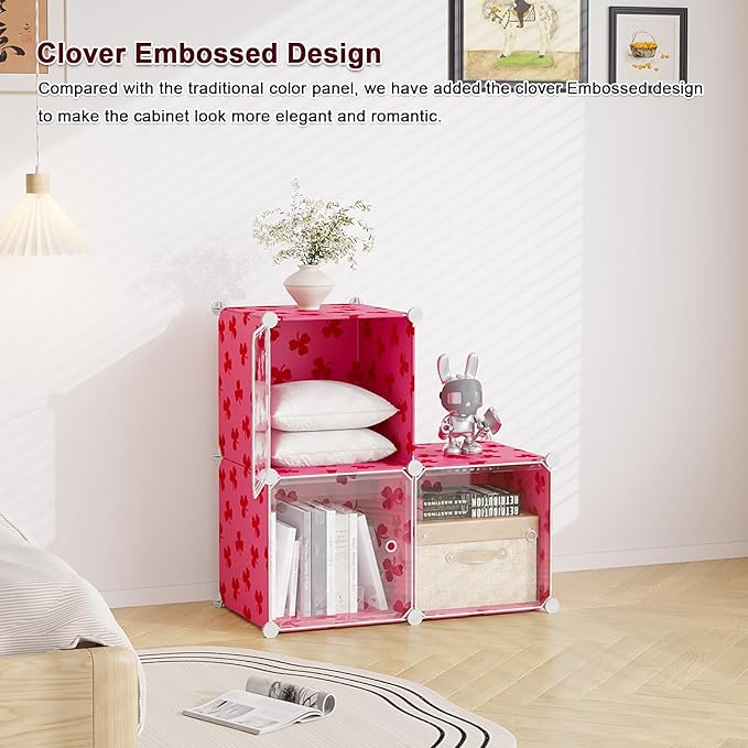 C&AHOME Cube Storage Organizer with Doors, 3-Cube Shelves, DIY Plastic Modular Bookshelf, Closet Clothes Storage Shelving Ideal for Bedroom, Living Room, Clover Embossed, Red