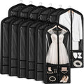 Tranqun 12 Pack 65" Long Wedding Garment Bags for Gowns 4" Gusseted Clear Dress Travel Bag for Hanging Clothes Foldable Wedding Dress Cover with 4 Zipper Pockets for Closet Storage and Travel (Black)
