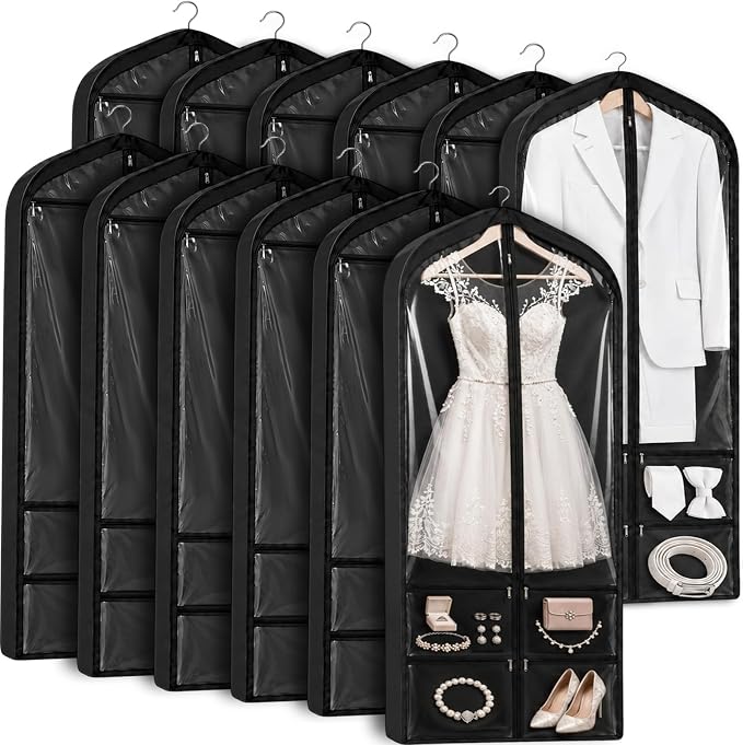 Tranqun 12 Pack 65" Long Wedding Garment Bags for Gowns 4" Gusseted Clear Dress Travel Bag for Hanging Clothes Foldable Wedding Dress Cover with 4 Zipper Pockets for Closet Storage and Travel (Black)