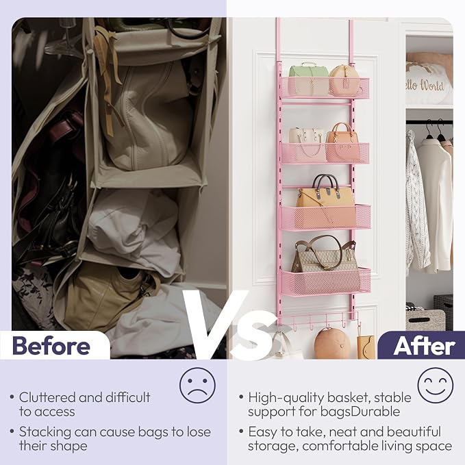 SWTYMIKI Over the Door Purse Organizer - Wall Mounted Purse Rack with 4 Adjustable Metal Basket and 6 Hooks, Hanging Bag Rack for Handbag Organizer, Bag Storage Can Use As 1/2 Part, for Door, Closet