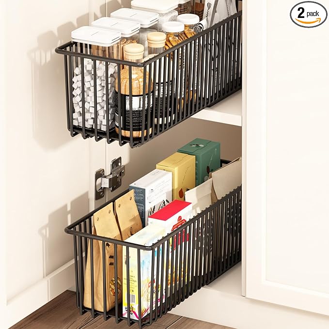 Pull Out Cabinet Organizer 2 Pack, Black Metal Storage Basket for Kitchen Cabinet, Bathroom, Under Sink, Self Adhesive Slide Out Pantry Shelves Drawer Storage, 15.8" LX 5.9" WX5.9 H