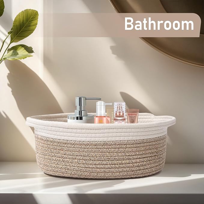 JMvicyroam Woven Basket,Small Rope Storage Bin with Handles & Ribbon Bag, Organizer for Shelves Closets,Gift Basket Empty for Birthday,Books,Dog Toys, White&Oatmeal