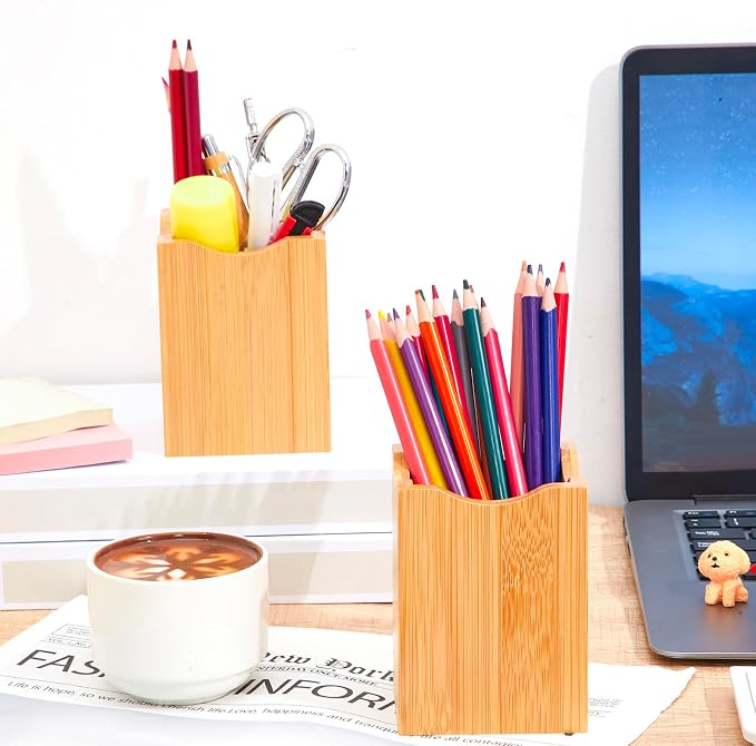 Henoyso 2 Pcs Bamboo Wood Pen Pencil Holder Square Pencil Cup Stand Makeup Organizer for Pen Holder Desk Home Office Adults(Bamboo Wood, Wavy)