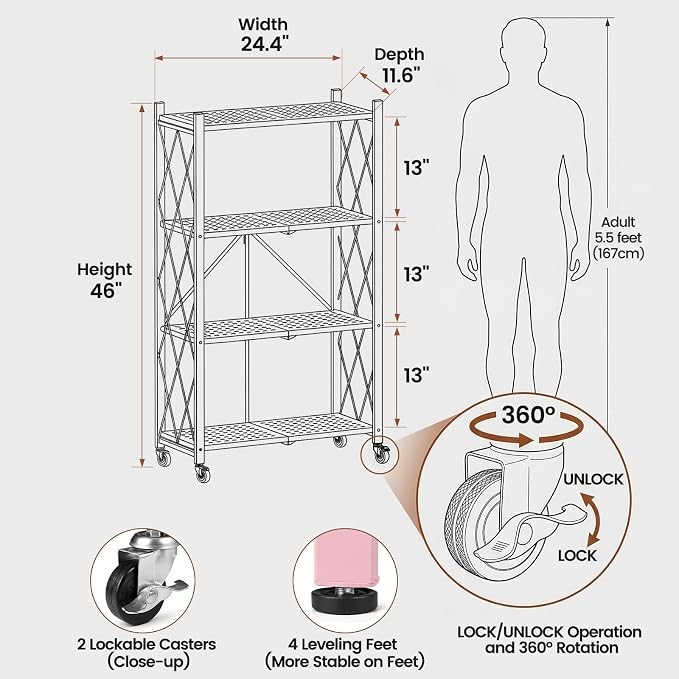 ALANNG 4 Tier Folding Storage Shelf on Wheels,Heavy Duty Metal Rolling Cart | 264 lbs Capacity, No Tools Assembly, Folds to 3.9", Lockable Casters, Portable for Kitchen Laundry Garage (Pink, 2 Pack)