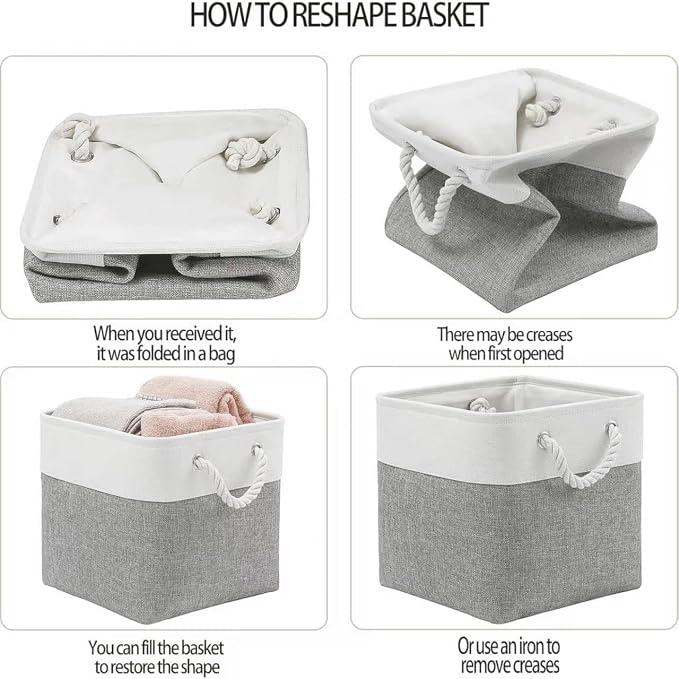 11x11 Inch Cube Storage Bins, 6 Pack Collapsible Fabric Storage Cubes with Rope Handles, Waterproof Foldable Storage Baskets for Cube Shelves, Closet, Clothes, Toys, Books, White & Gray