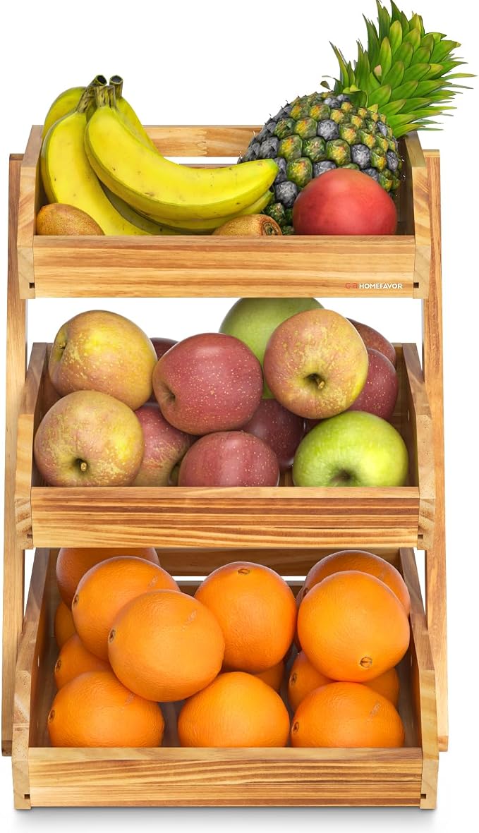 G.a HOMEFAVOR Wooden 3 Tier Fruit Basket, Brown, Pine Wood, Sturdy, Self-assembly