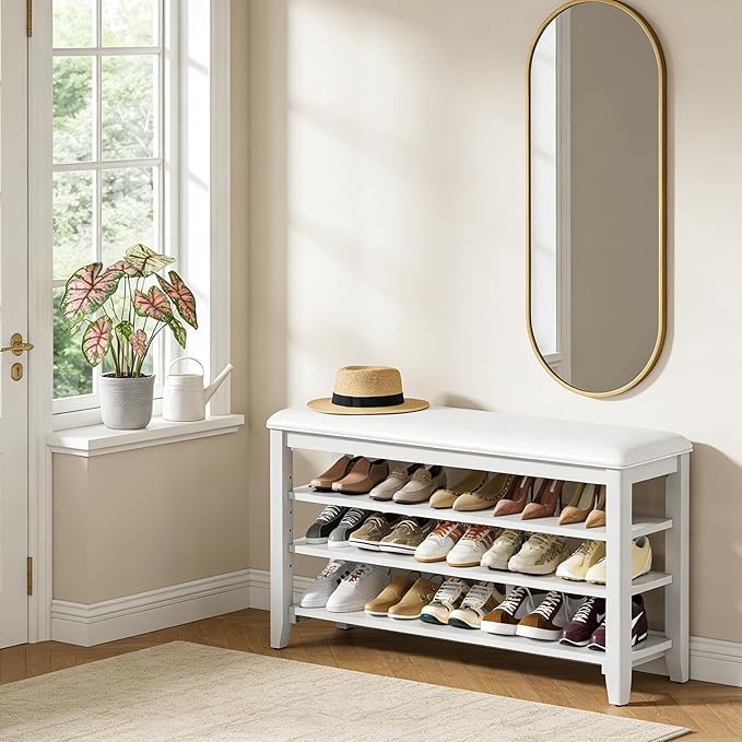 Taitiy Shoe Rack Bench Entryway Storage, Shoe Organizer Bench for Entryway, Ideal for Front Doors Entrances Hallway Mudroom Featuring Rubberwood and 3 Height-Adjustable Removable Shelve