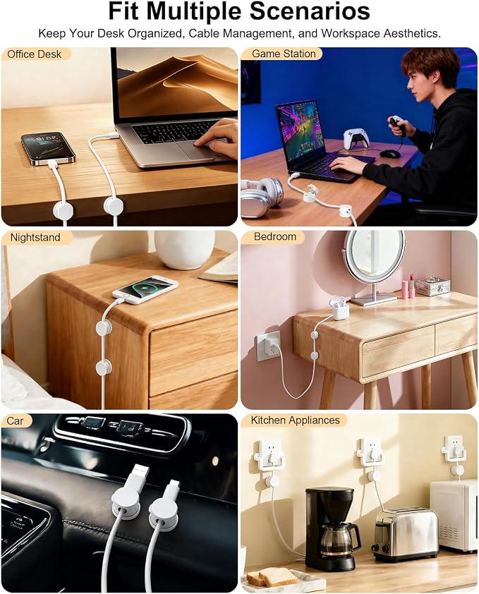 OneLeaf 8 Pack Magnetic Cable Clips, Rotatable Cable Management Clips for Desk & Wall, Strong Adhesive Cord Organizer for Phone Chargers, Ethernet & Cable Wires, Home Office Car, White