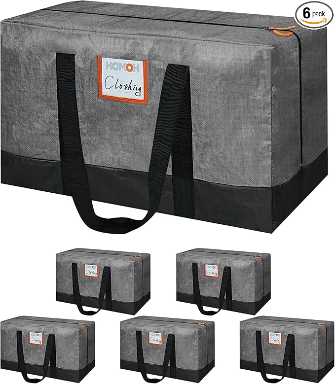 6 Pack Large Moving Bags, 115lb Capacity Heavy Duty Packing Bags with Internal Compression Straps, Storage Bag with Zippers and Strong Handles, Alternative to Moving Boxes -103L,Grey and Black