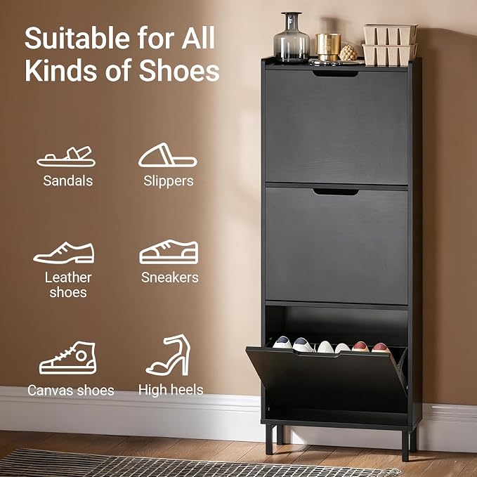 Haotian Slim Shoe Cabinet Entryway | Hidden Shoe Storage with Three Flip Drawers to Save Space, Freestanding Shoe Rack for Front Door, Entryway, Hallway (Black)
