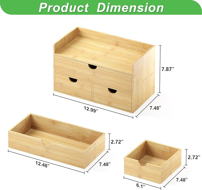 Bamboo Desk Organizer with Drawers, Desktop Storage for Office Supplies | 3 Drawers Desktop organizer, No Assembly Required, Natural Wood Wooden Desktop Drawers Box for Bills, Cosmetics, Seals, Paper