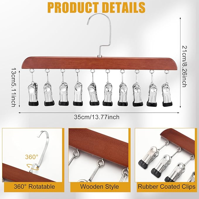 Novabright 4 Pcs Closet Organizer with 10 Clips Wooden Hat Rack for Closet, Space-Saving Hanging Organizer, Multipurpose Storage Display Accessory for Beanies, Ties, and Socks (Brown)