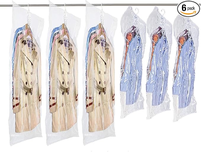 Hanging Vacuum Storage Bags 6 Pack Combo Jumbo Large Space Saver Bags, Vacuum Sealer Bags for Clost Storage Organizer, Clothes Garment Coat Dress Protector