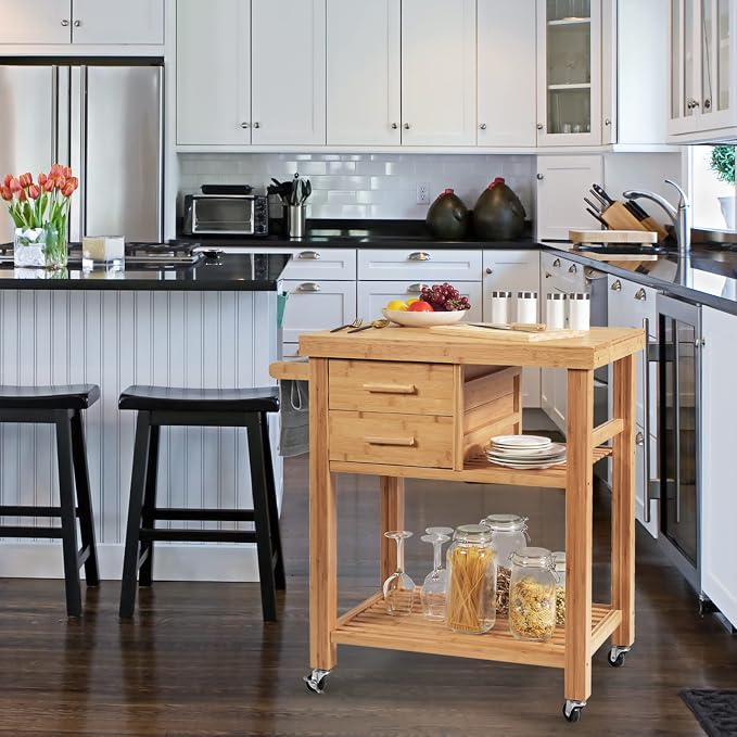 Kitchen Island, Rolling Butcher Block Kitchen Cart on Wheels, Bamboo Kitchen Trolley with Drawers, Shelves, Towel Rack, Small Kitchen Island Cart for Dining Room