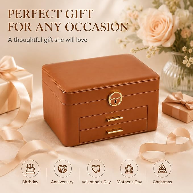 Jewelry Box for Women, Large Dresser Top Organizer with 3 Layers & 2 Drawers, PU Leather Storage Case for Earrings, Necklaces, Rings, Giftable Vanity Box (brown)