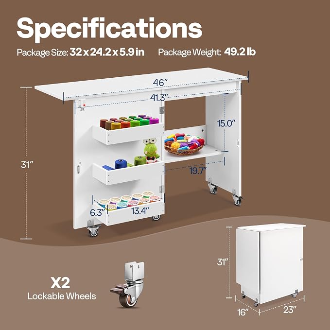 VIVOHOME Folding Sewing Table for Sewing Machine, Sewing Desk with Storage | Rolling Sewing Craft Table with Storage Shelves, Trays, Wheels, Sewing Cabinet with Lift for Small Spaces, White