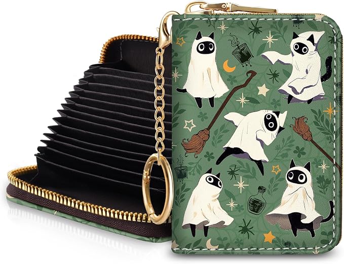 Blusabaca RFID Credit Card Holder Small Women Travel Wallet, Halloween | Removable Keychain, Case with Zipper, Vegan PU Leather, Cash Coin Pocket, Business Accordion Purse, Ladies Female Gift