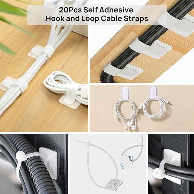Cable Management Kit - 4 Cable Sleeve, 28 Self Adhesive Cable Clips, 29 Cord Holders, 10+2 Roll Cable Organizer Straps and 100 Fastening Cable Ties for TV Computer Under Desk (White)