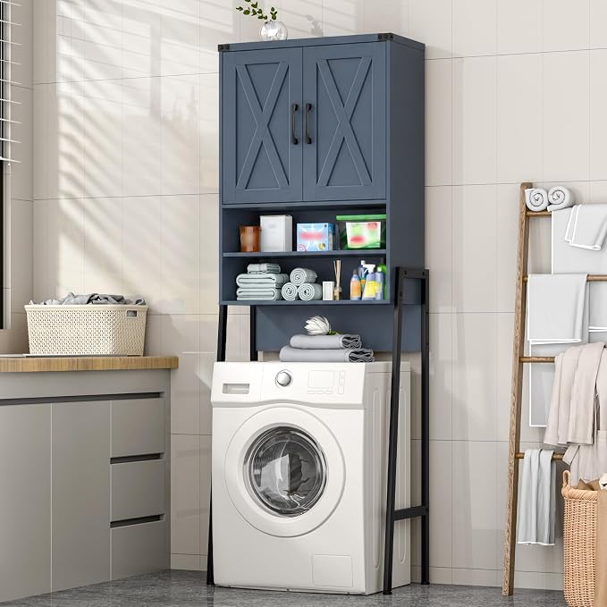 Vabches Over The Toilet Storage Cabinet, Farmhouse Over Toilet Storage Cabinet, Metal Frame with 2 Barn Doors, Home Space-Saving Toilet Rack for Bathroom, Toilet, Laundry Room.Blue