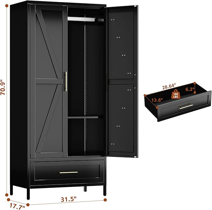 METAN Metal Wardrobe Closet with Doors,Armoire Wardrobe Closet with 1 Drawer for Bedroom,Assembly Required,Black