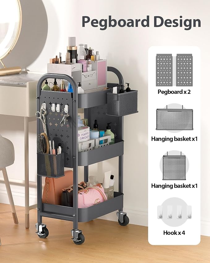 ALVOROG 3 Tier Metal Rolling Utility Cart with Pegboards,Baskets,Hooks,Gray | More Storage Craft Cart with Pegboards,Lockable Wheels,Hooks & Baskets to Organize Kitchen,Office,Bedroom and DIY Supplies