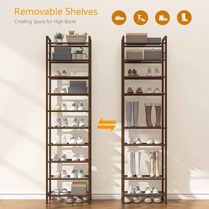 usikey 10 Tiers Narrow Shoe Rack 20-30 Pairs, Sturdy Metal Tall Shoe Rack Shelf with 4 Hooks, Slim Shoe Storage with Metal Shelf, Space Saving Vertical Shoe Organizer for Closet Entryway, Bronze