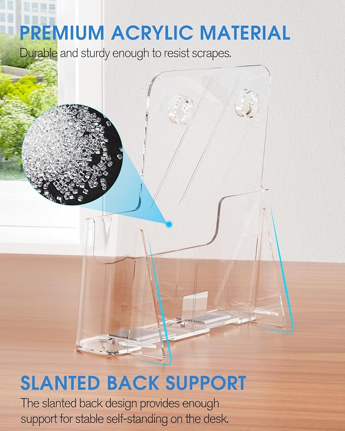 KTRIO Acrylic Brochure Holder 8.5 x 11, 4 Pack Literature Display Stand | Desktop/Wall-Mount, Clear Plastic Flyers Holder Fits 8.5" Wide Magazines, Pamphlets, Documents, Booklets, Journals, Menus