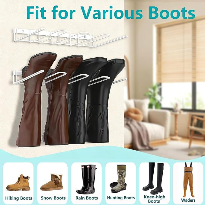 Boot Rack - 4-Pair Wader Hangers Wall Mount Sturdy Metal Cowboy Boot Hangers - Wall Boots Holder Storage Organizer for Closet, Entryway, Indoor, Garage,White