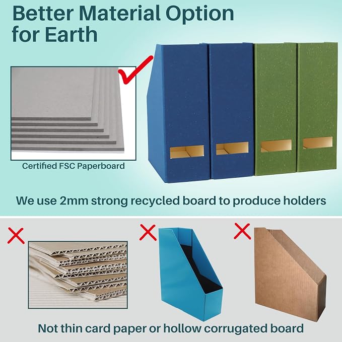 Magazine Holder - File Holder and Desk Organizer, Paperboard Book Organizer and Storage Box for Documents, Magazine Holder Rack for Classroom, Home, and Office (Leaf Green, 4-Pack)