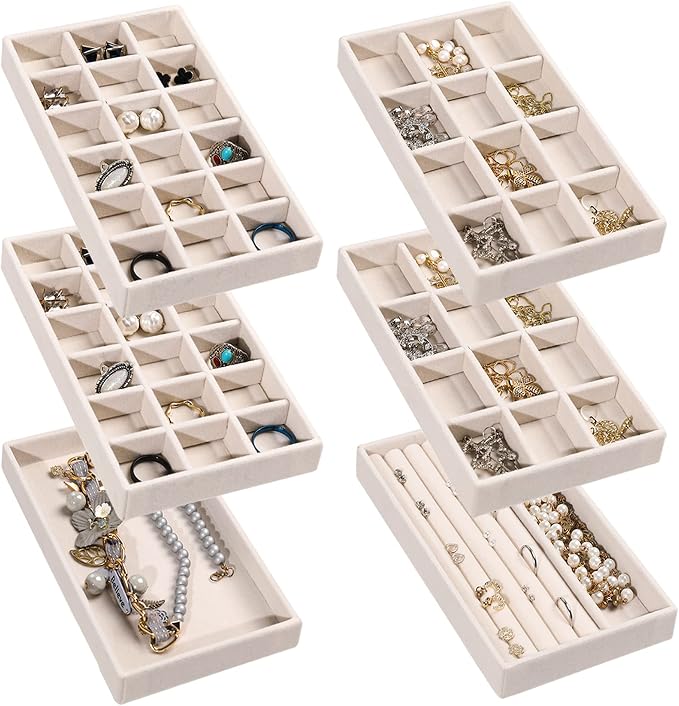 Frebeauty Jewelry Trays for Drawer,Set of 6 Jewelry Organizer and Storage | Velvet Material,Earring Holder Organizer,Stackable Jewelry Display for Vanity,Drawer Inserts for Rings,Studs,8.3×4.9 inch