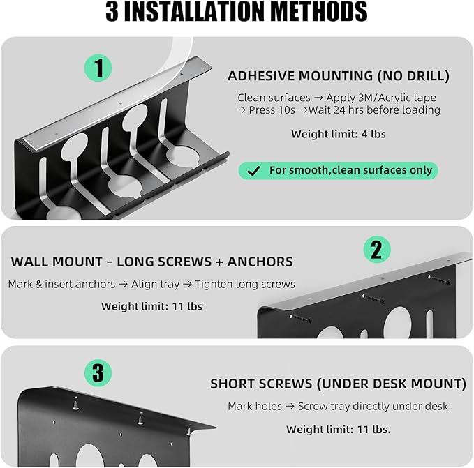 Cord Management Under Desk, 16.5" L x 4.7" W x 6.8" H, 2 Pack Under Desk Cable Tray, Wire Organizer for Power Strip, Tape Mount or Screw Mount, Easy Install Cord Raceway for Desk & Home