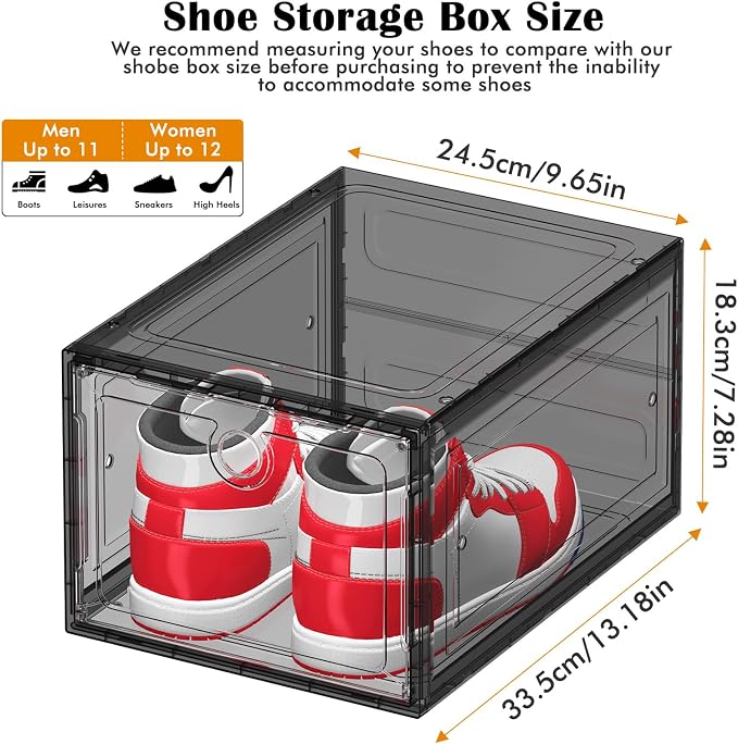 ARSTPEOE 12 Pack Upgrade Harder Shoe Organizer, Shoe Storage with Magnetic Front Door, Clear Shoe Boxes Foldable Space-Saving Shoe Rack for Sneaker Boot Container, Black