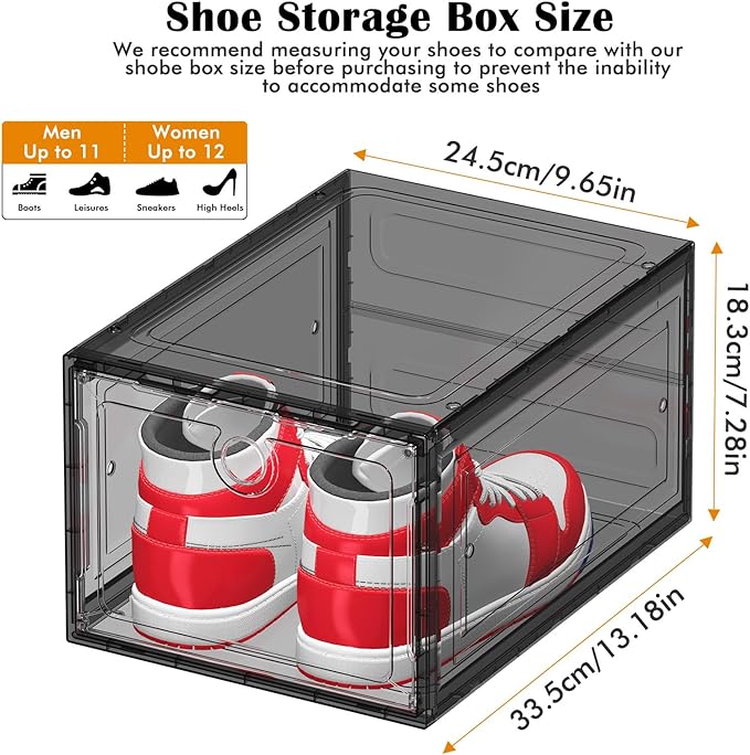 ARSTPEOE 6-Pack Black Shoe Storage Boxes Magnetic Stackable | Upgraded Harder Material, Stackable Space-saving, Fits Sneakers & Boots, Clear Magnetic Front Door