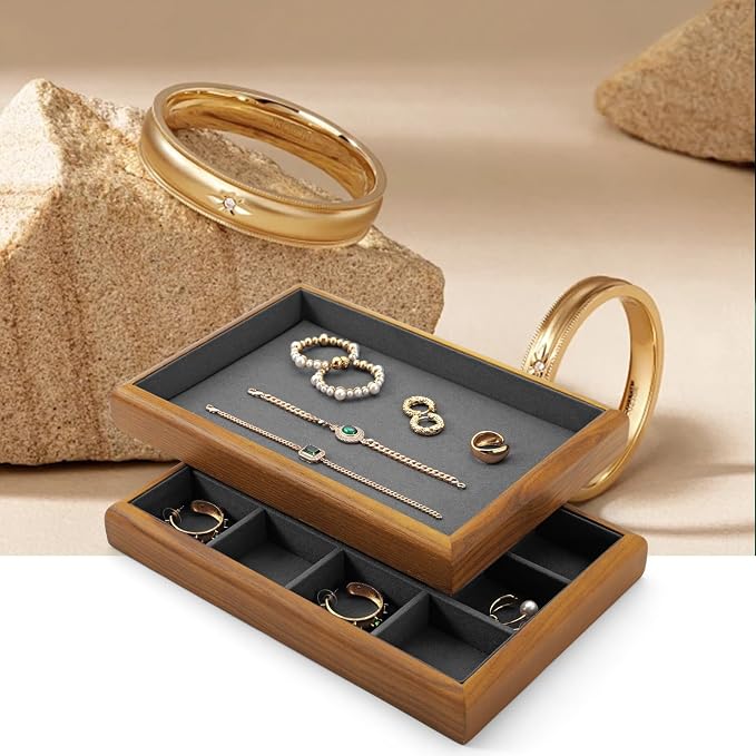 Oirlv Dark Grey Wood Jewelry Tray for Ring Display & Storage | Solid wood base with microfiber lining, multi-compartment design, ideal for jewelry display, ring storage & shop showcase