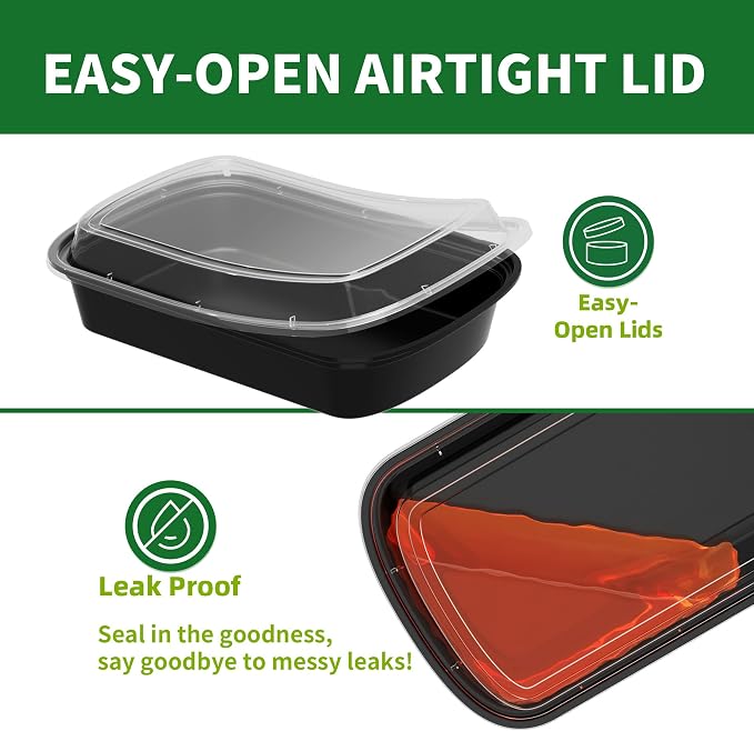 Meal Prep Containers, 50 Pack 16oz (100-Piece) Disposable Take Out Food Storage Containers with Leakproof Lids, Reusable Plastic To Go Lunch Boxes, BPA Free, Microwave/Dishwasher/Freezer Safe