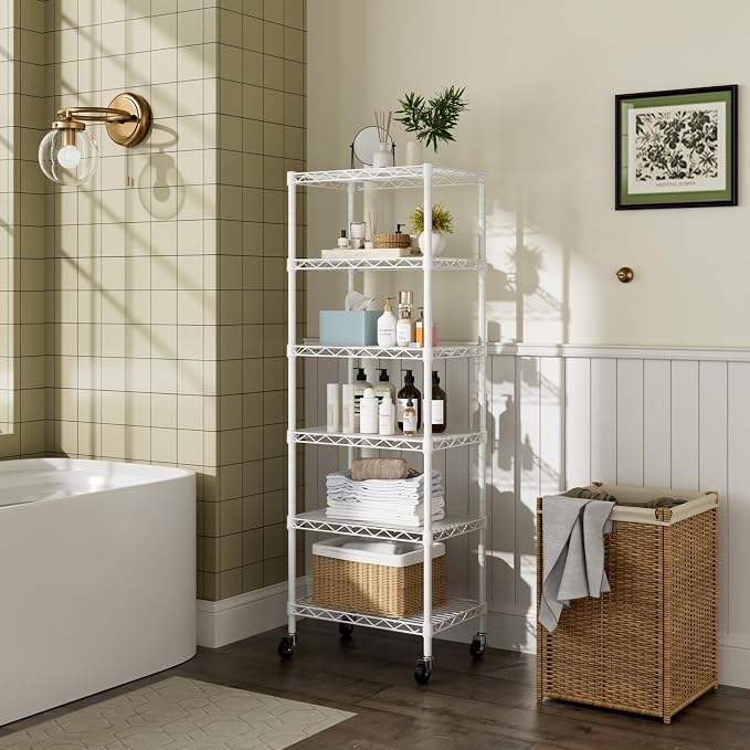 Golpart Small Shelves Storage Wire Metal Adjustable Shelf Unit with Wheels | 6 tier Shelving Organizers Storage Shelving for Bathroom Laundry Room Kitchen Pantry 11.7”D x 17.7”W x 61.6”H White