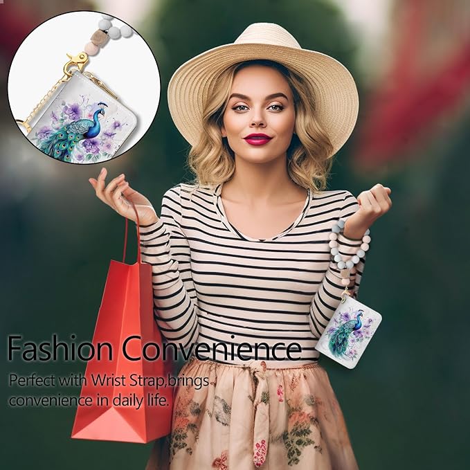 Blusabaca RFID Credit Card Holder Small Women Travel Wallet, Peacock | Removable Keychain, Case with Zipper, Vegan PU Leather, Cash Coin Pocket, Business Accordion Purse, Ladies Female Gift