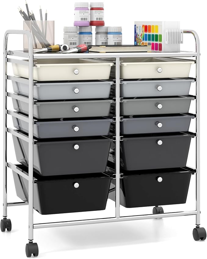 Giantex 12 Drawer Rolling Storage Cart Tools Scrapbook Paper Office School Organizer (Black Gradient)
