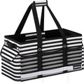 Extra Large Utility Tote Bag with Reflective Strip, Standing Reusable Grocery Bags with Hard Bottom, Collapsible Utility Tote with Handles for Shopping, Beach, Picnics, Car, Striped Black