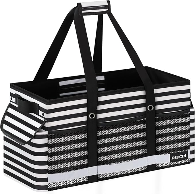 Extra Large Utility Tote Bag with Reflective Strip, Standing Reusable Grocery Bags with Hard Bottom, Collapsible Utility Tote with Handles for Shopping, Beach, Picnics, Car, Striped Black