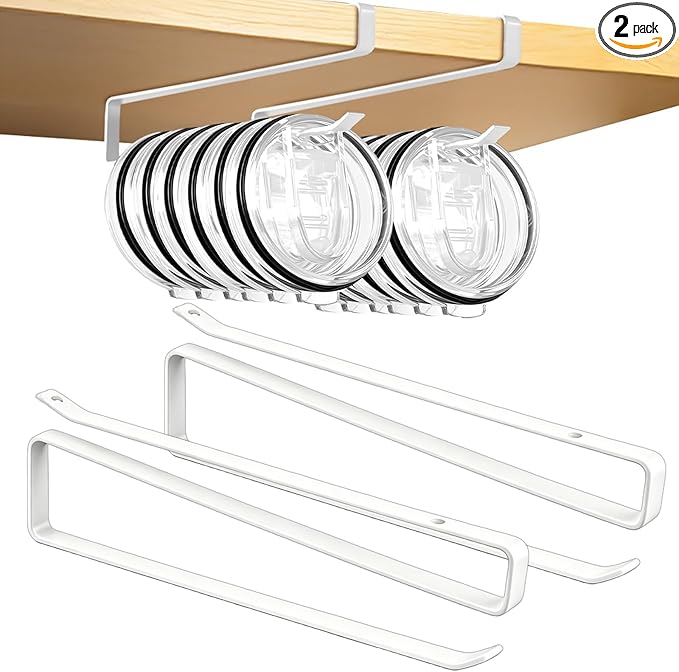 Tumbler Lid Organizer, 2 Pack for Yeti Lid Organizer, Space Saving Water Bottle Lid Holders, Tumbler Lid Holder Up to 12 Lids,No Drilling,Cup Lid Organizers for Kitchen Under Cabinet Storage (White)