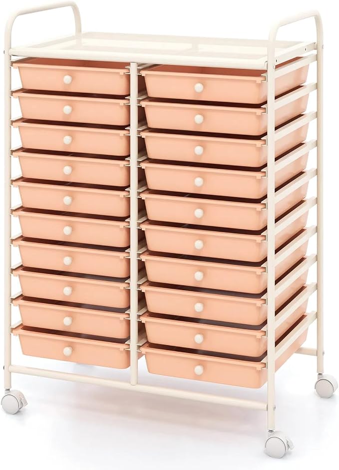 DREAMADE Rolling Cart with Storage Drawers, Utility Cart w/Removable Plastic Drawers, Lockable Wheels, Art Cart for Classroom Organization Art Supplies Office Scrapbook (20 Drawers, Peach)