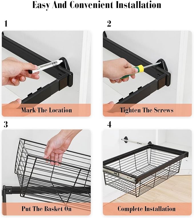 17.95" Deep Pull-out Clothes Storage Basket,Stainless Steel Stackable Shelf Baskets Organizer,Stackable Storage Bins for Bedroom Office Bathroom(18.5-20.47in)