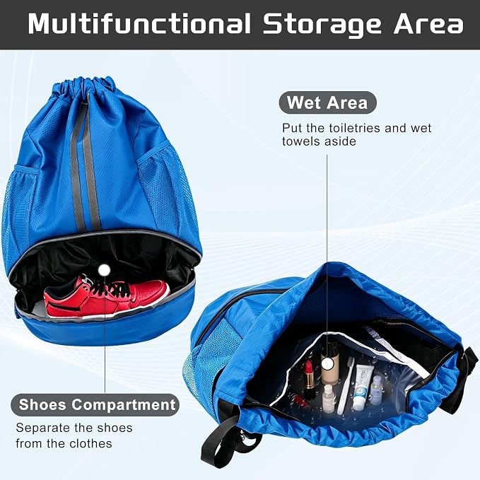 Blue Sports Drawstring Backpack with Shoes Compartment, String Gym Bag with Wet Proof Pocket for Basketball, Soccer, Swim, Sport Bag for Men and Women