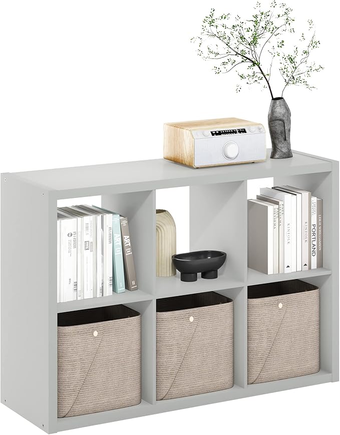 Furinno CUBICLE 6-Cube Book Shelf, Extra Thick Frame Bookshelf, Light Grey | 14.6" x 44" x 30", Horizontally & Vertically Reversible Bookcase with Open Back, for Living Room, Bedroom, Home Office