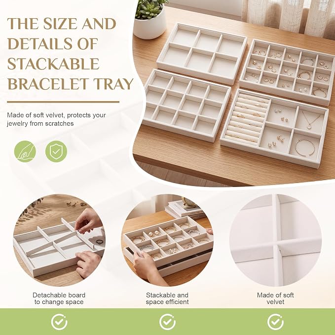 Unittype Set of 4 Stackable Jewelry Organizer Tray for Drawer Inserts Velvet Necklace Earring Bracelet Ring Holder Jewelry Display Storage Box for Bangle Stud Necklace Ring(Mixed Styles,Beige)